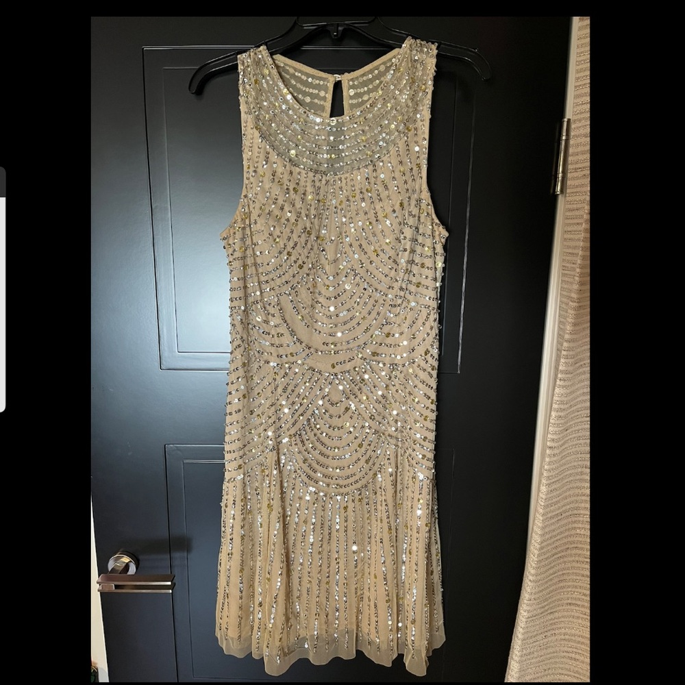 Tan Sequined A-line Cocktail Dress.